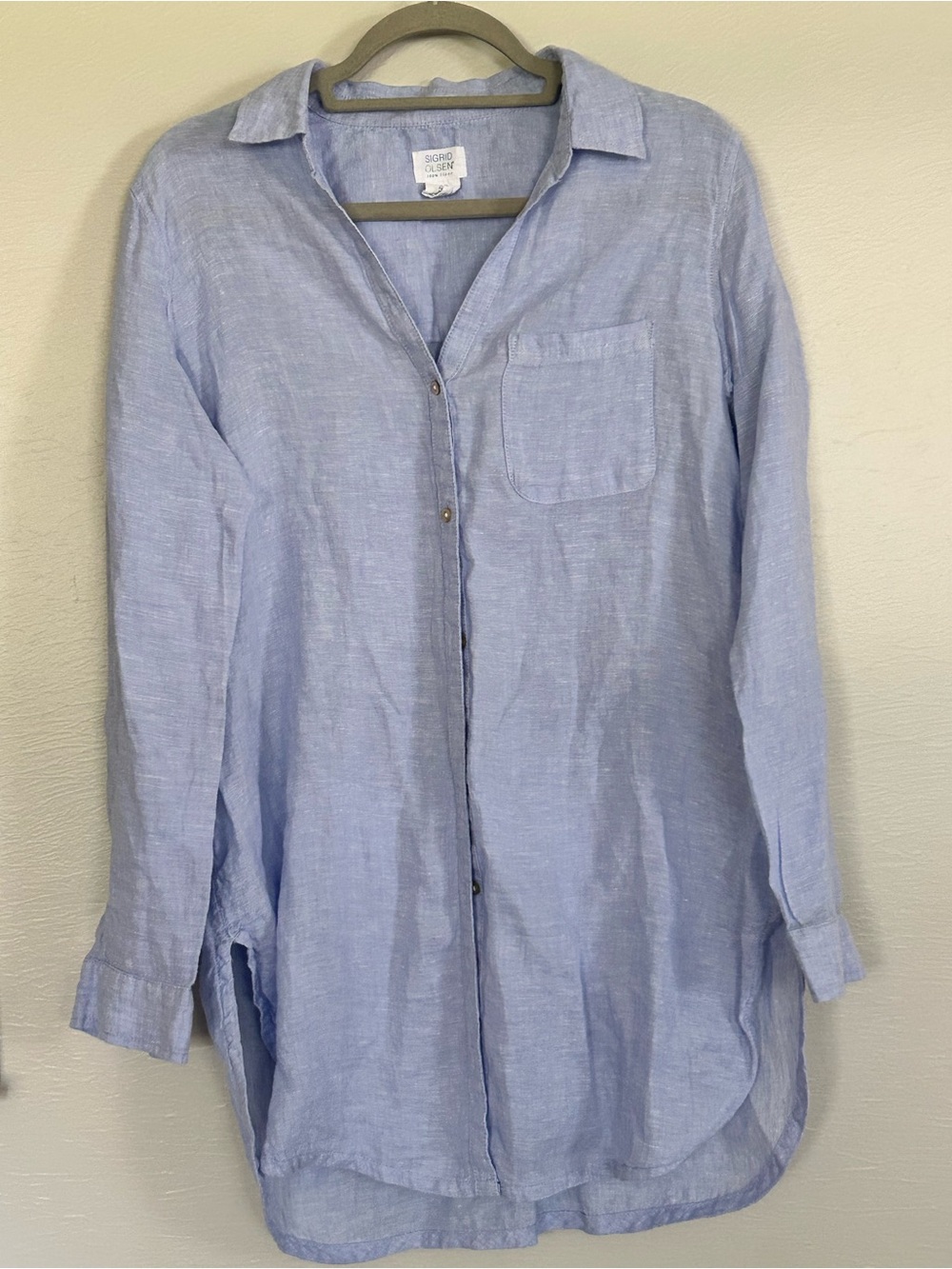 Sigrid Olsen 100% linen long length button down blouse relaxed fit size Medium